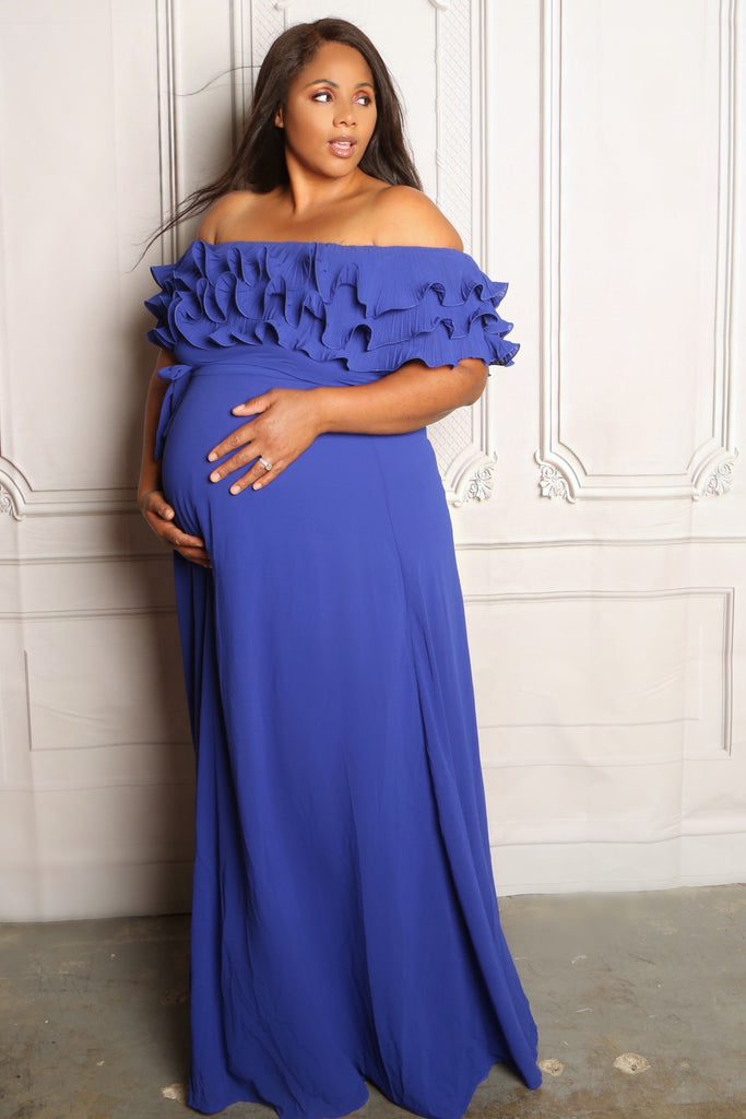 Royal Blue Maternity Ruffle shoulder ...